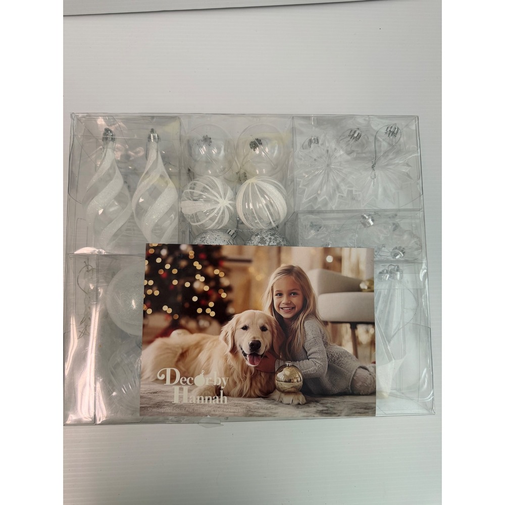 Decor by Hannah Christmas Ornaments Set Shatterproof White Silver Clear Glitter